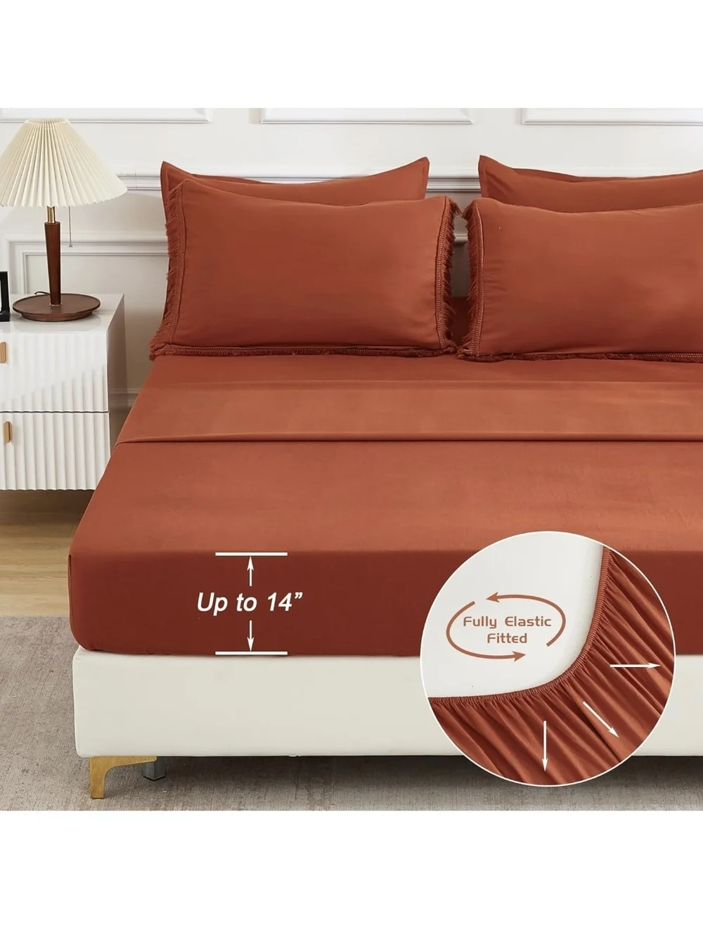 Boho Fringe Rust Orange Comforter & Sheet Set - Complete Sheet & Duvet - King